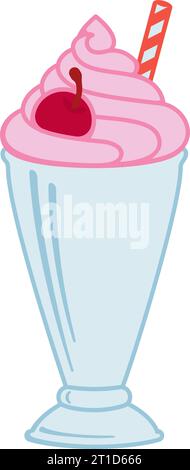Strawberry milkshake with whipped cream and cherry on top in a retro milk bar dessert glass as a vector illustration Stock Vector