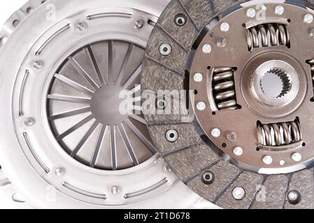 new car clutch kit parts isolated on white. Close up Stock Photo