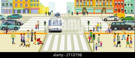 Urban silhouette of a city with traffic and people, illustration Stock Photo