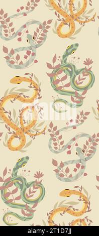Animalistic texture with curled green and yellow serpents and herbs in pastel colors. Vector seamless pattern with snakes and stems for wrapping paper Stock Vector