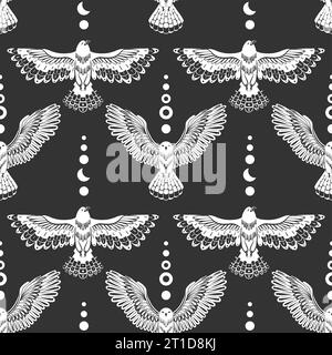 Vector texture with white owls and eagles with spread wings on gray backdrop. Decorative monochrome seamless pattern with flying birds and crescents. Stock Vector