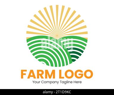 Farm logo template design. The farm logo template. Meadow silhouette, land symbol with horizon in perspective. Farm food badge Stock Vector