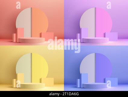 3D vibrant color podium with circle backdrop and geometric elements is a modern and minimalist design perfect for product display. Vector illustration Stock Vector
