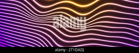 Violet yellow glowing neon curved waves abstract background. Vector wavy refracted lines banner design Stock Vector