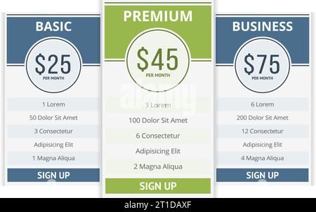 Pricing table template with three plans for websites, vector eps10 illustration Stock Vector