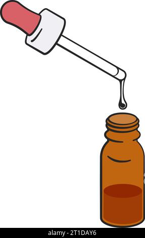 Eye dropper and amber glass bottle with liquid drop as vector illustration Stock Vector