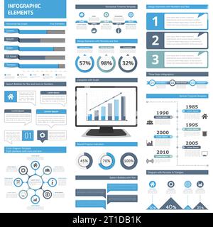 Infographic elements for presentations and reports - timelines, graphs, charts, diagrams, flowchart, workflow, steps, options, percents, speech bubble Stock Vector
