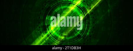 Bright green glowing technology banner design with HUD gear. Abstract vector background Stock Vector