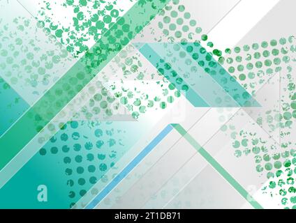 Grunge green and grey tech abstract background geometric stripes. Vector halftones design Stock Vector