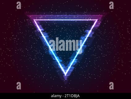 Retro futuristic 80s - 90s abstract hi-tech neon background with galaxy sky and glitch effect triangle. Vector poster design Stock Vector