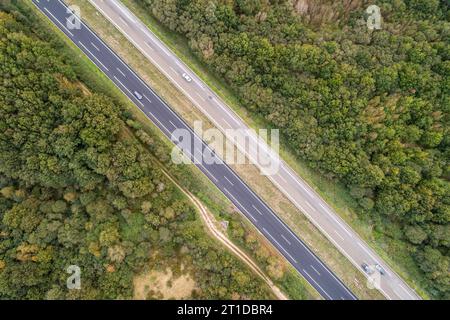 zenithal aerial view with drone of the A-52 motorway in Galicia, Spain. Stock Photo