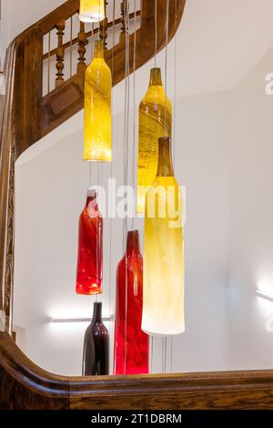 Troyes (north-eastern France): the city of stained glass. Contemporary light designed by master glassmaker Alain Vinum for the city of stained glass, Stock Photo