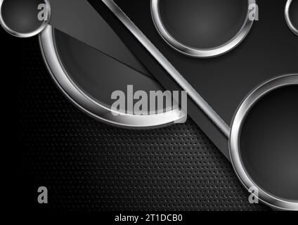 Silver metal stripes and circles on dark perforated background vector concept design Stock Vector