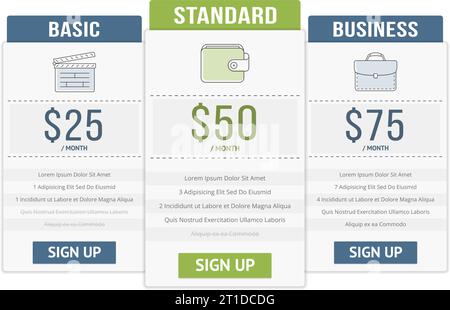 Pricing table template with three plans for websites, vector eps10 illustration Stock Vector