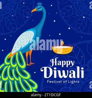 vector happy diwali festival of light illustration with peacock Stock Vector