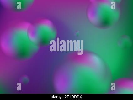 Colorful green violet holographic 3d blurred sphere balls. Abstract liquid circle shapes retro futuristic background. Vector illustration Stock Vector
