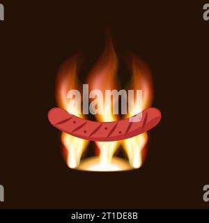 Grilled sausage on fire background. Isolated vector illustration. Stock Vector