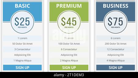 Pricing table template with three plans for websites, vector eps10 illustration Stock Vector