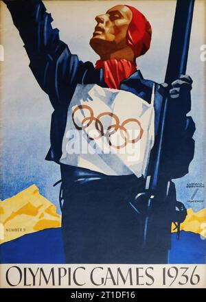 Artwork of Olympic Skier by LUDWIG HOHLWEIN publicity for IVth OLYMPIC WINTER GAMES in GARMISCH - PARTENKIRCHEN in Germany from 6th - 16th February 1936 and XIth OLYMPIC GAMES in BERLIN 1936 in Germany from 1st - 16th August Stock Photo