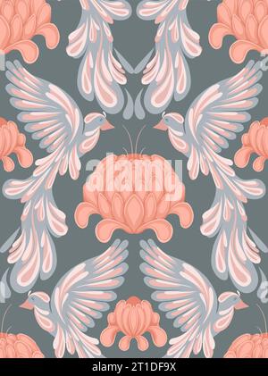 Seamless vector damask pattern with delicate stylized birds and lush peonies. Gentle texture in pastel colors on a white background. Delicate surface Stock Vector