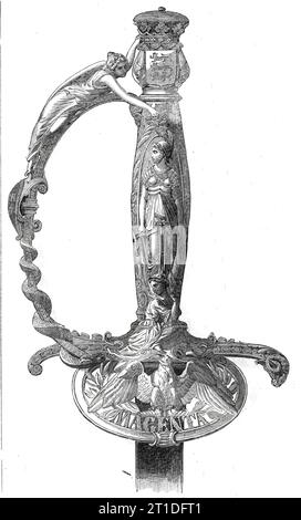 Sword of Honour, presented to Marshal M'Mahon, 1860. A testimonial, designed by M. Sch&#xf6;newerke, in commemoration of '...the Italian victory...On the handle are two draped figures, representing France and Italy. At the feet of France, represented in the attitude of strength and security, Italy is seen crouching in a position indicating fear. The danger she dreads is symbolised by a serpent, which interlaces the lower part of the hilt; the upper part is composed of a winged Victory placing a crown of laurels on the head of France, and a ducal coronet on the escutcheon bearing the arms of th Stock Photo