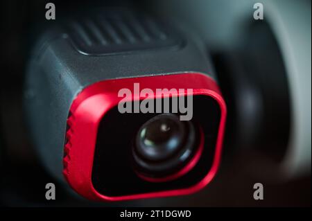 Macro close-up of a digital camera gimbal mounted on a drone. Stock Photo