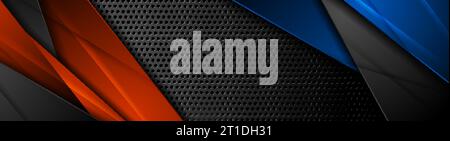 Blue and orange glossy lines on dark perforated background. Vector banner design Stock Vector