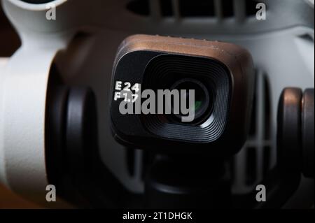 Macro close-up of a digital camera mounted on a drone. Stock Photo