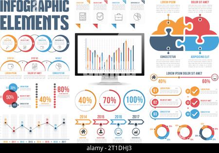 Infographic elements - process infographics, percents, bar chart and line chart, steps, options, timeline infographics, pie chart, puzzle cloud, vecto Stock Vector