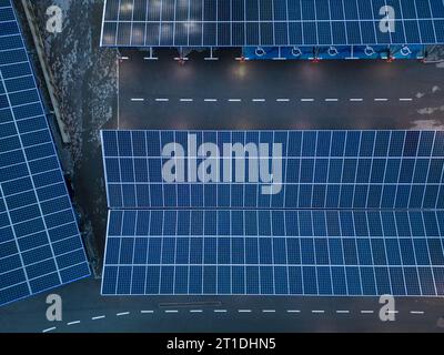 Solar panel installed in parking lot aerial top view Stock Photo