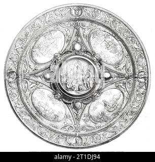 Testimonial recently presented to Lord Churston at Newton Abbott, Devon, 1860. 'The designs were supplied by Messrs. Ellis and Co. of Exeter, and executed in massive silver by Messrs. Elkington and Mason, of Birmingham. The shield, designed in the Renaissance style, is divided into five compartments. The centre group illustrates Justice supported by Britannia; one of the side subjects illustrates the landing of William the Third, Prince of Orange, at Brixham, Torbay, from an original drawing; another subject represents our export and import trade; a third illustrates agriculture, represented b Stock Photo