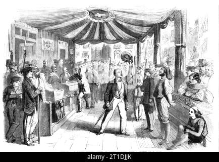 The vote for annexation at Naples - polling booth at Monte Calvario - from a sketch by T. Nast, 1860. Italian elections on 21st October. 'Bands of people are coming down, men and women, Garibaldini and civilians, all mixed up in delightful confusion, with music and flags, clapping their hands and shouting 'Viva Garibaldi!' 'Viva Vittorio Emmanuele!'...a brass band is playing that beautiful hymn to Garibaldi...Even the women want to vote, but they are kept back. There is an exception made in favour of Marianna la Santa Giovannara, an old patriot of the quarter, known throughout the city for her Stock Photo