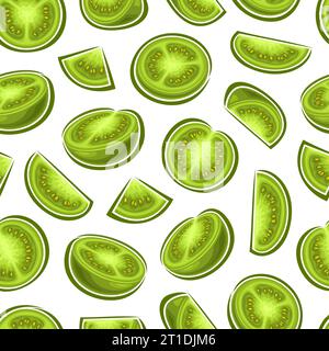 Vector Green Tomato seamless pattern, repeat background with chopped ripe garden tomatoes for bed linen, decorative square poster with group of flat l Stock Vector