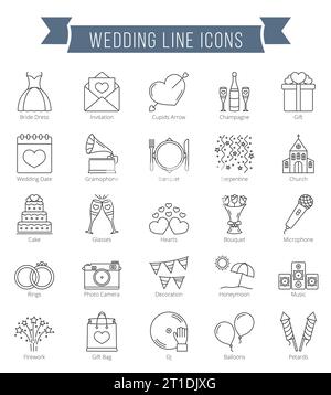 25 Wedding line icons, can be used for Valentine's day, vector eps10 illustration Stock Vector