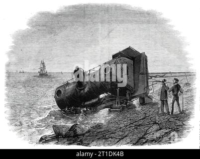 The recent railway accident at Granton, near Edinburgh - the engine on the beach - from a photograph by Truefitts, 1860. Derailment on the Edinburgh, Perth, and Dundee Railway, '...by which four lives were lost...There were on the engine and tender at the time of the accident six persons...[including] the engine-driver's son, a boy of about eight years of age...The engine...was proceeding rapidly along the line, which at that point runs close to the sea on a high embankment, when, from some unknown cause, the engine and tender went off the rails...and dashed over the embankment into the sea, a Stock Photo