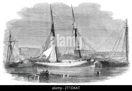 The schooner &quot;Augusta&quot; in port at Chicago after her collision with the &quot;Lady Elgin&quot; - from a photograph by S. Alschuler, 1860. 'The Lady Elgin usually made three annual excursions on Lake Superior...and it was while she was proceeding on the last of her three excursions for the present year that she met her fate. The captain of the unfortunate steamer was Mr. John Wilson...The Augusta schooner, the vessel which ran into the Lady Elgin, is owned by Mr. George W. Bissell, of Detroit, and commanded by Captain Malott. She did not escape scathless in the collision, all her head- Stock Photo