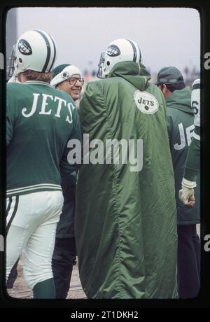 Orthopedic surgeon and sports medicine pioneer Dr. James Nicholas on the sidelines of a 1978 New York Jets game. He was their team doctor. Stock Photo