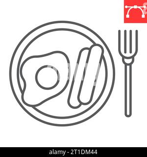 Breakfast line icon, fried egg and sausages, english breakfast vector icon, vector graphics, editable stroke outline sign, eps 10. Stock Vector