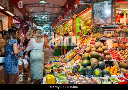 Seville, Spain, People Shopping, inside Covered Public Spanish Food Market, 'Mercado De Triana' Display, Selling Stock Photo