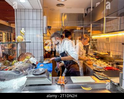 Seville, Spain, Inside Chefs Working, Professional Kitchen, Modern Spanish Restaurant, "Canabota" in Old Town Center, worker food spain Stock Photo