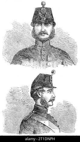 New Shako for the Infantry, 1860. 'The authorities at the Horse Guards have decided on discontinuing the ugly and cumbersome shako worn in the Army, and substituting in place of it a headdress of a much lighter and somewhat more ornamental character, not unlike the large-peaked forage-caps worn by several of the volunteer rifle corps, though the crown is somewhat higher...The new shako is now being issued to the following regiments: 1st battalion Rifle Brigade, 4th battalion Rifle Brigade, 1st battalion 60th Rifles, 1st battalion 8th Regiment, and 53rd Regiment. Should it be found to wear sati Stock Photo
