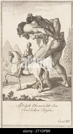 Plate 5 for Ariosto's 'Orlando Furioso', 1772. From Almanac G&#xe9;n&#xe9;alogique, 1772.Italian epic poem written by Ludovico Ariosto in the early 16th century. It tells the story of the Christian knight Orlando and his love for the pagan princess Angelica, set against the backdrop of the war between Charlemagne&#x2019;s Christian paladins and the Saracen army that has invaded Europe Stock Photo