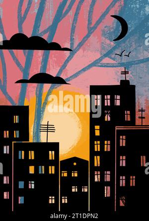 Stylized City Sunset Vertical Drawing. Black Silhouette on Pastel Colored Background. Night Background with Floating Crescent Moon, Flat Design Style Vector Illustration. Stock Vector