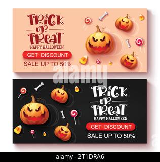 Halloween sale tags vector set banner. Trick or treat halloween invitation discount promo tags for holiday seasonal shopping promotion background. Stock Vector