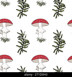 Seamless pattern with poisonous Amanita and Moss, hand drawn doodle outline drawing, danger and poisoning from poisonous mushrooms,white background. V Stock Vector