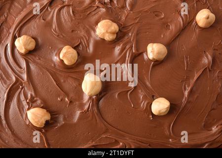 Brown background with detail of cocoa cream texture with hazelnuts, with peeled nuts on top. Top view. Stock Photo