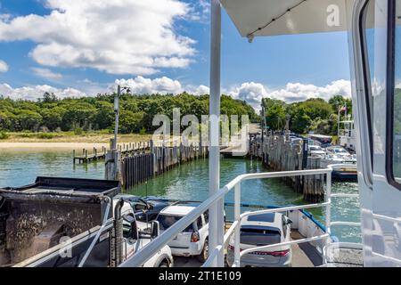 view of the bow of the shelter island ferry coming into north haven Stock Photo