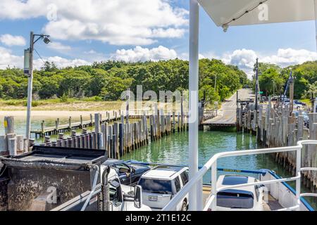 view of the bow of the shelter island ferry coming into north haven Stock Photo