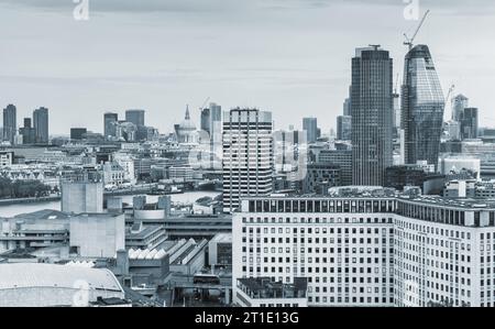 London city, bird eye view of South Bank of River Thames on a daytime, blue toned aerial photo Stock Photo