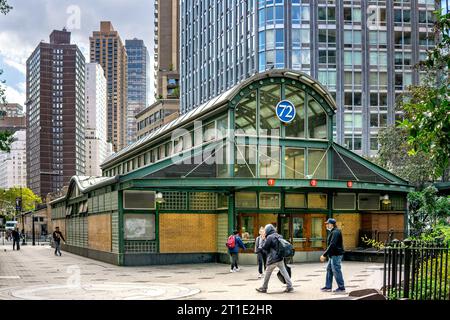 New York, NY - US - Oct 9, 2023 Downtown view of the 72nd Street station located at the intersection of Broadway, 72nd Street, and Amsterdam Avenue on Stock Photo
